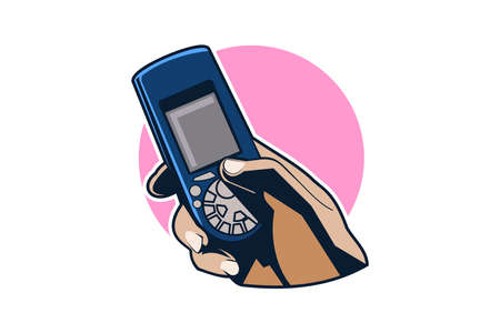 Smart phone or mobile phone with hand symbol, sticker ,logo ,icon vector design. retro mobile phone concept vector illustrationのイラスト素材