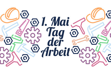 Translation: May 1, Happy Labor or Labour day (mayday). Tag der Arbeit vector Illustration. Suitable...