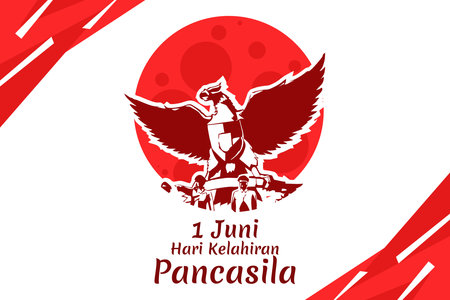 Translation: June 1, Happy birthday Pancasila (1 Juni, selamat hari lahir Pancasila) vector illustration. Suitable for greeting card, poster and banner.のイラスト素材