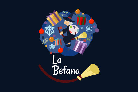 Handwritten brush lettering La Befana for Epiphany celebration in Italian isolated on the white, old witch.のイラスト素材