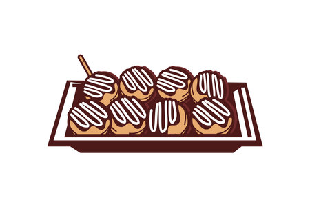 Japanese Traditional snack Takoyaki (ball-shaped Japanese snack made of a wheat flour-based batter and cooked in a special molded pan.) icon vector illustration.のイラスト素材