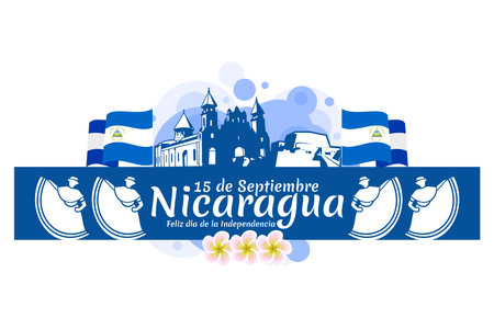 Translation: September 15, Nicaragua, Happy Independence day. Happy Independence Day of Nicaragua vector illustration. Suitable for greeting card, poster and banner.のイラスト素材