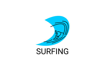 surfing sport vector line icon. a surfer is surfing in the sea. sport pictogram, vector illustration.のイラスト素材