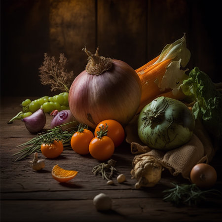 Still life with fresh vegetables and fruits on wooden background. Selective focus. Toned.の写真素材