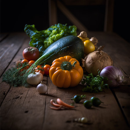still life of fresh vegetables on a wooden table, selective focus.の写真素材