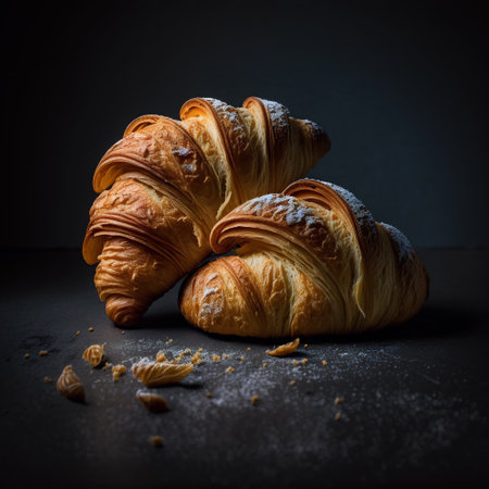 Freshly baked croissants on black background. Toned.の写真素材