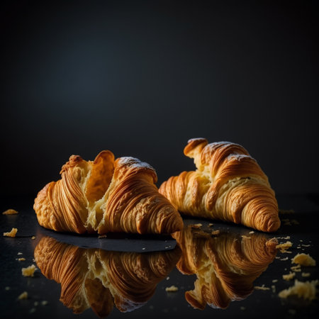 Fresh croissants on a black background with reflection. Toned.の写真素材
