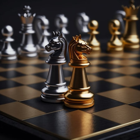 Chess pieces on a chessboard, close-up, selective focusの写真素材