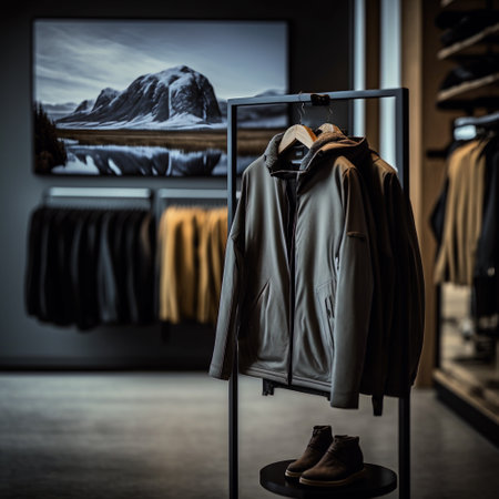 Clothing store window display with a view of the mountains in the backgroundの写真素材