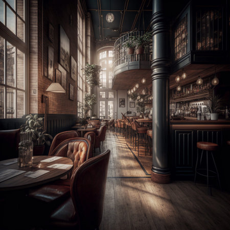 Interior of a vintage pub with wooden tables and chairs. Toned.