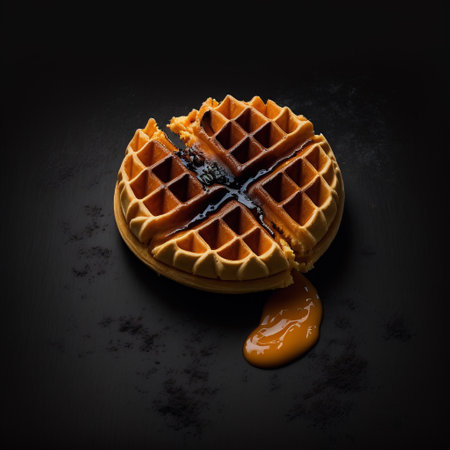 Belgian waffles with caramel sauce on black background, top viewの写真素材