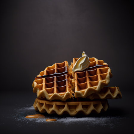 Belgian waffles with caramel sauce on dark background. Toned.の写真素材