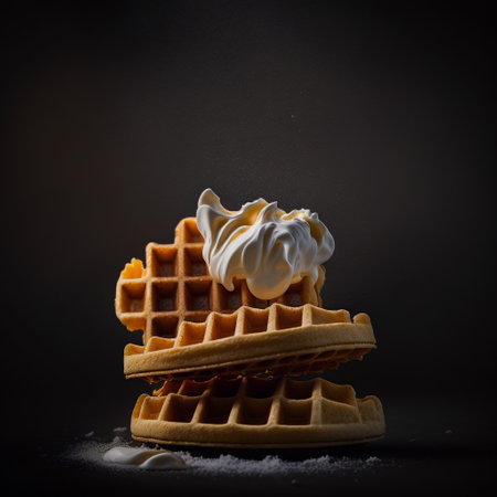 Belgian waffles with whipped cream on a black background. Selective focus.の写真素材