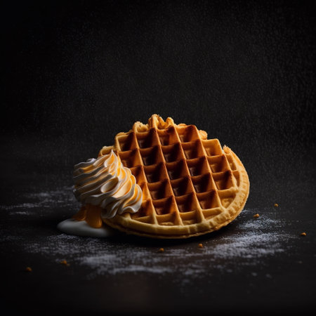 Belgian waffles with whipped cream on a black background. Toned.の写真素材
