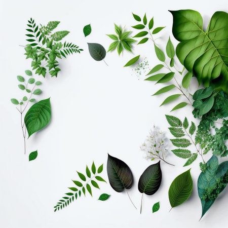 Creative layout made of green leaves. Flat lay. Nature concept.の写真素材