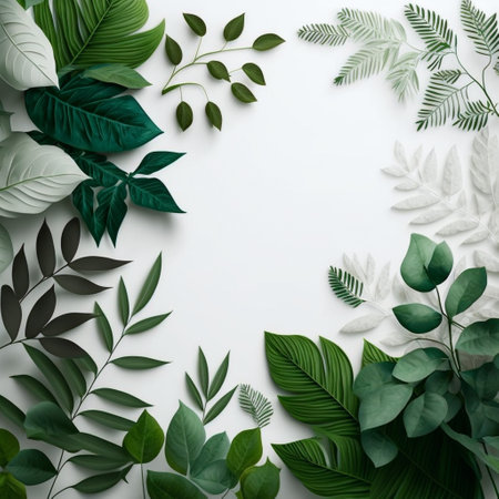 Creative layout made of tropical leaves on white background. Flat lay, top view, copy spaceの写真素材