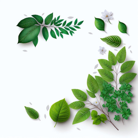 Green leaves and flowers on white background with copy space. Vector illustration.の写真素材