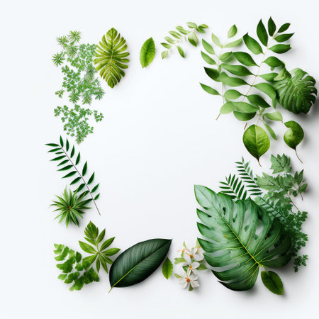 Creative layout made of tropical leaves and flowers on white background. Flat lay. Nature concept.の写真素材