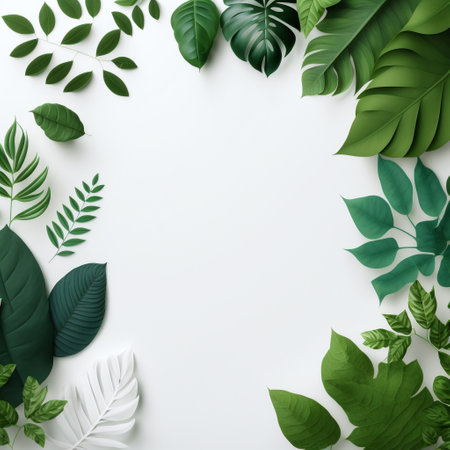 Creative layout made of tropical leaves on white background. Flat lay, top view, copy spaceの写真素材