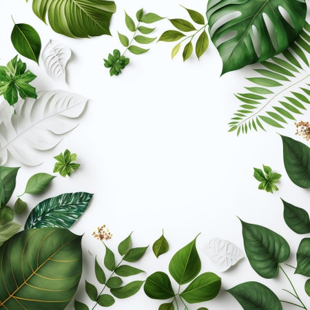 Creative layout made of tropical leaves on white background. Flat lay, top view. Nature concept.の写真素材