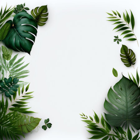 Creative layout made of tropical leaves on white background. Flat lay. Nature concept.の写真素材