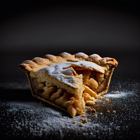 Apple pie with powdered sugar on a black background. Selective focus. Toned.の写真素材