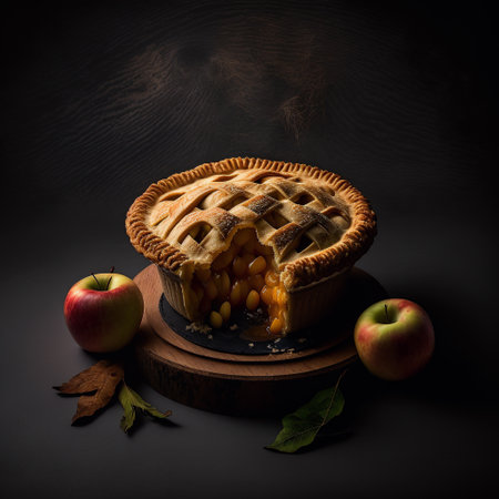 Homemade apple pie on a black background with apples and autumn leavesの写真素材