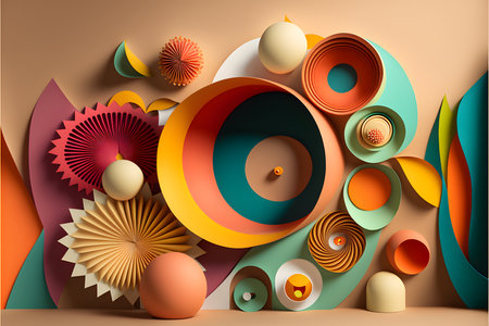 Abstract background with colorful paper cut shapes. 3d render illustration.の写真素材