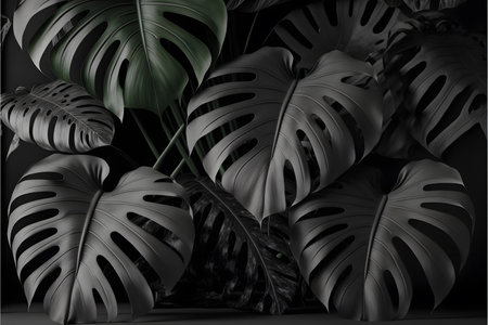 Monstera leaves on dark background. 3D illustration. Black and white.の写真素材