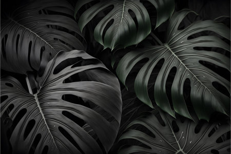 Tropical black monstera leaves background. Realistic vector illustration.の写真素材