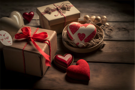 Valentine's day background with gift boxes and hearts on wooden tableの写真素材