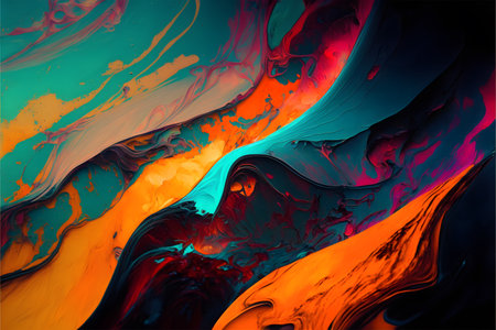 Abstract background of acrylic paint in blue, orange and black colors.の写真素材