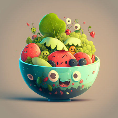 Vegetable salad with funny faces in bowl, vector illustration.の写真素材