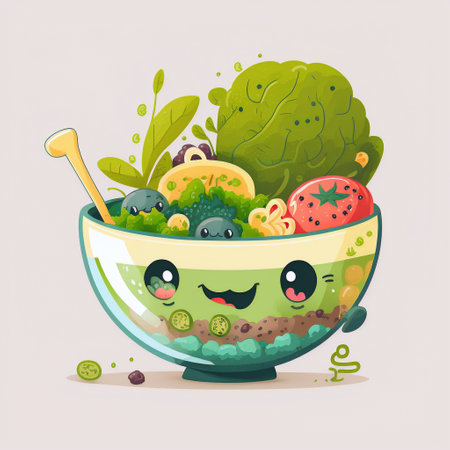 Healthy vegetable salad in bowl. Cute cartoon character. Vector illustrationの写真素材