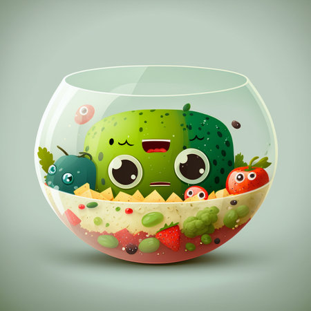 Funny green kawaii monster in glass bowl. Vector illustration.の写真素材
