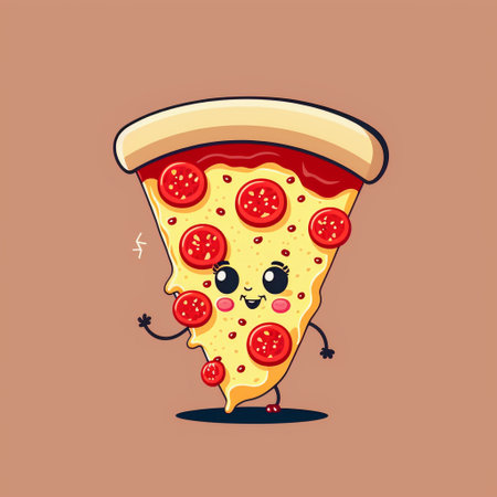 Cute cartoon character pizza slice. Vector illustration isolated on white background.の写真素材