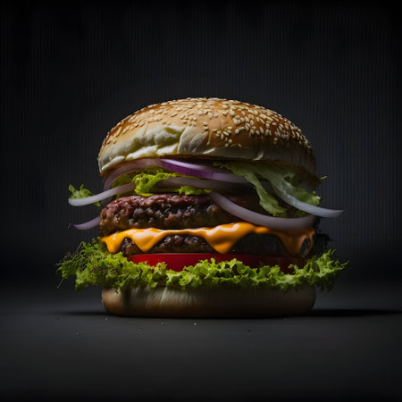 Big tasty hamburger on dark background. Hamburger with cheese, lettuce, tomato and onion.の写真素材