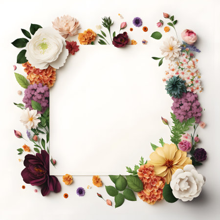 Beautiful floral frame with paper sheet on white background, top viewの写真素材