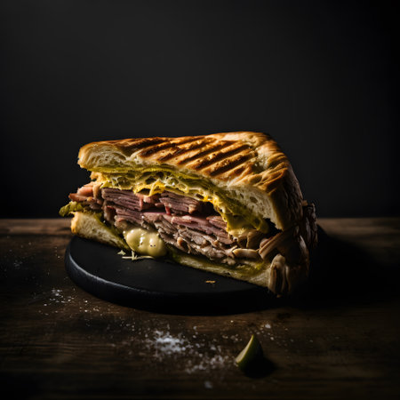 Sandwich with beef, cheese and tomatoes on a black background. Toned.の写真素材