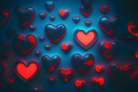 Red hearts on a blue background. 3d rendering, 3d illustration.の写真素材