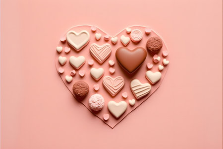 Heart shaped chocolate candies on pink background, valentines day conceptの写真素材