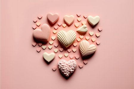Valentine's Day background. Heart shaped chocolate candies on pink backgroundの写真素材