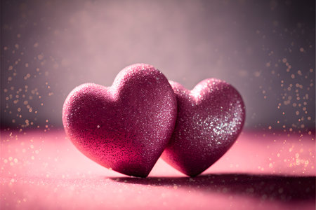 Two pink hearts on a pink background with bokeh effect.