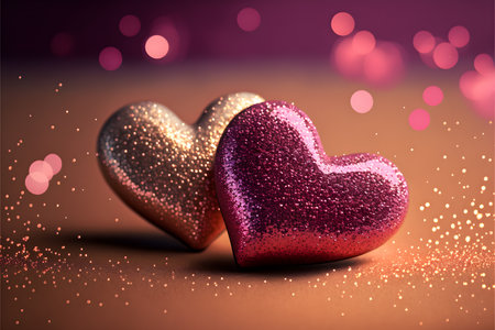 Valentine's day background with two hearts and bokehの写真素材