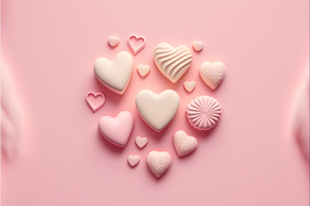 Valentine's day background with hearts and sweets on pink backgroundの写真素材