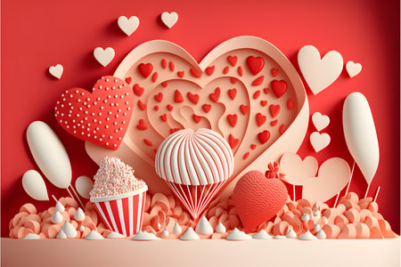 Valentine's Day background with hearts and cupcakes. Vector illustration.の写真素材