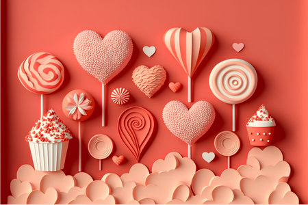 Valentine's day background with sweet candies and cupcakeの写真素材