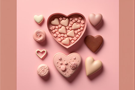 Heart shaped chocolate candies on pink background, valentines day conceptの写真素材