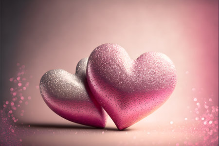 Two pink hearts on a pink background with bokeh and copy spaceの写真素材