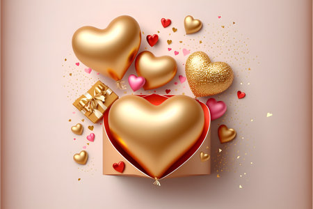 Valentines day background with gold hearts and gift box. Vector illustration.の写真素材